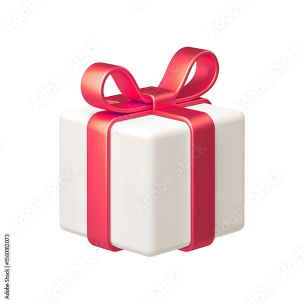 Fototapeta White gift box with red bow ribbon isolated on white background. 3d render holiday decorations. Vector illustration. Design elements.