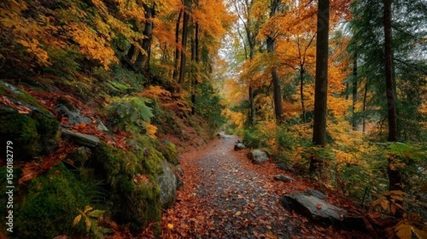 Fototapeta Autumn leaves cover forest trail trees with soft natural lighting. AI generated.