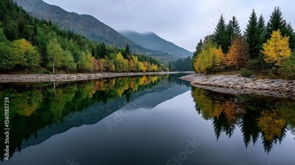 Fototapeta Autumn mountain landscape reflected in still lake water surface. AI generated