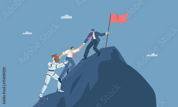 Fototapeta Businessman pulls his teammate up to top mountain, Robot helping business team, Using artificial intelligence to support business, Business development progress, Concept of helping company