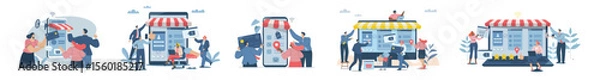 Fototapeta Set of website building and web design concepts, Creating online shopping store concepts, Business team is working on developing web design for laptops and smartphones. Flat vector design.
