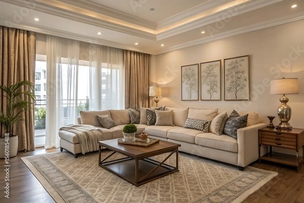 Fototapeta Modern Transitional Living Room with Neutral Color Palette and Elegant Decor