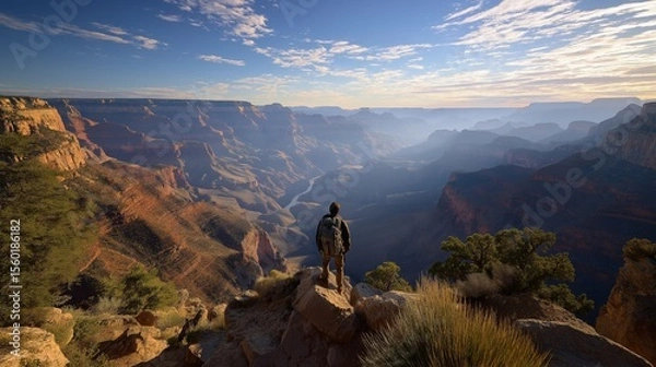 Fototapeta Backpacker overlooking vast canyon adventure exploration during golden hour. AI generated