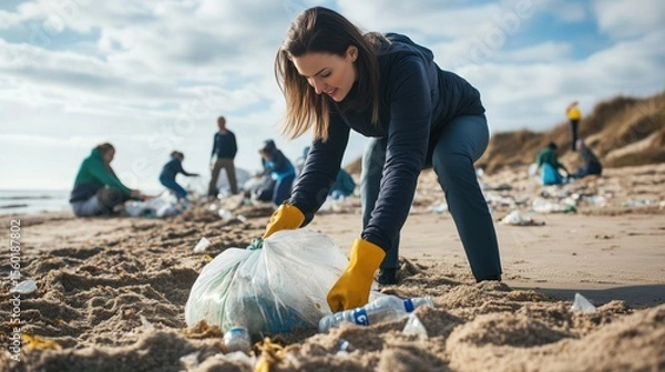 Obraz Volunteer cleaning beach with grabber tool, collecting plastic waste into large biodegradable bag, group of helpers working in background