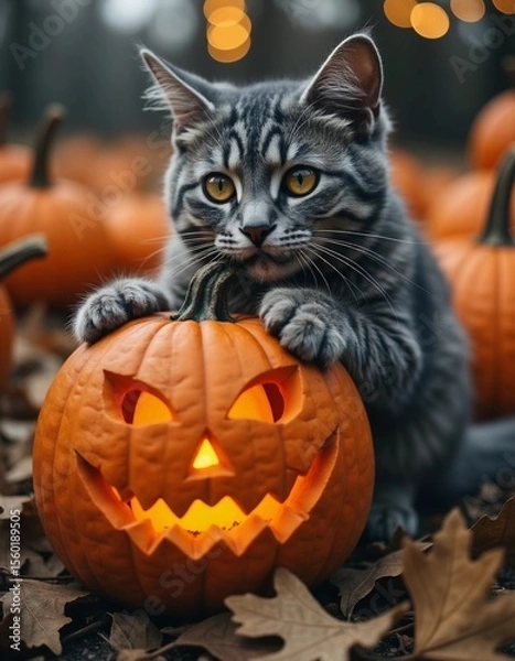Fototapeta Cute gray tabby kitten with glowing carved pumpkin for Halloween in autumn setting
