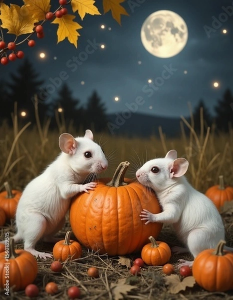 Fototapeta Two fantasy mice with pumpkins under full moon in a magical Halloween field
