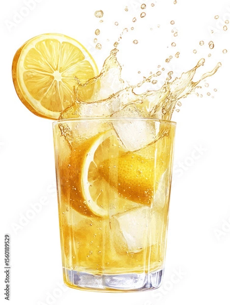 Fototapeta Lemonade with Ice and Splash - Classic yellow lemonade with ice cubes and dynamic splash on transparent background


