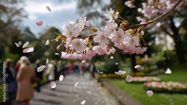 Fototapeta Cherry blossoms with drifting petals park visitors springtime. AI generated.