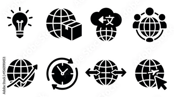 Fototapeta Technology, networking solid icon set. communication, internet, global business icons
