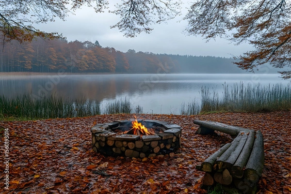 Fototapeta Autumn lakeside scene with a glowing campfire surrounded by fallen leaves and mist over the water