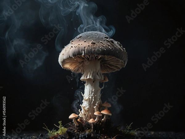 Fototapeta Mystical Mushroom A Stunning Close-Up Photo of a Single Large Mushroom with Smoke