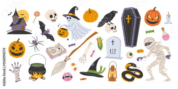 Obraz Happy Halloween set of isolated design elements. Hand drawn spooky and cute clipart bundle on white. Witch hat, mummy, pumpkin, bat, ghost, scull, snake, cauldron with potion, haunted house, coffin.