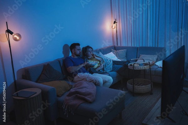 Obraz Couple watching TV at night  while sharing a bowl of popcorn and wine on sofa