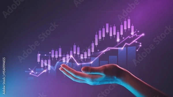 Fototapeta Stock market financial growth graph with futuristic neon hand holding digital data chart analytics.