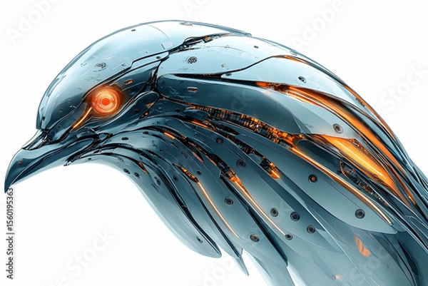 Fototapeta Metallic hawk head, intricate with small screws, glowing eye and internal orange lighting, set on white