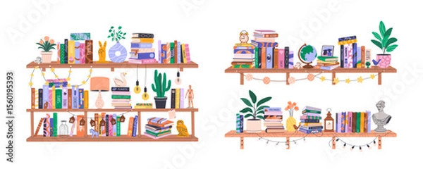 Obraz Set of bookshelves with various books and home decor. Library collection with educational literature, novels, encyclopedias. Isolated illustrations on white for World Book Day or Back to School.