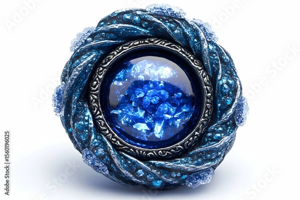 Fototapeta Intricate sculpted, blue jewel-like object, ornately detailed with twisted, textured patterns and crystalline accents