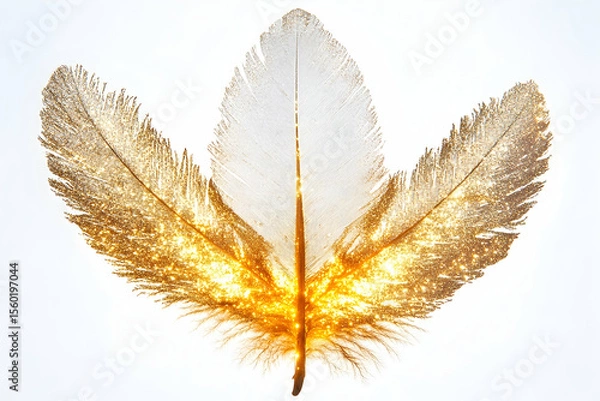 Fototapeta Three golden feathers arranged symmetrically on a bright white background, radiating light and texture