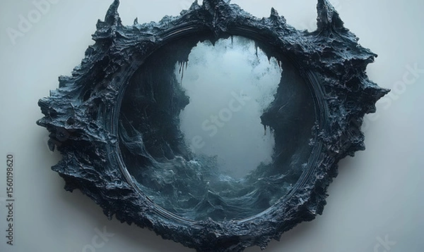 Fototapeta Ornate, dark frame surrounds a blurred reflection of icy landscape, creating a haunting and intriguing visual