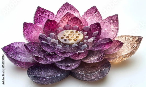 Fototapeta Decorative translucent lotus flower object in shades of purple and gold, set against a clean white background