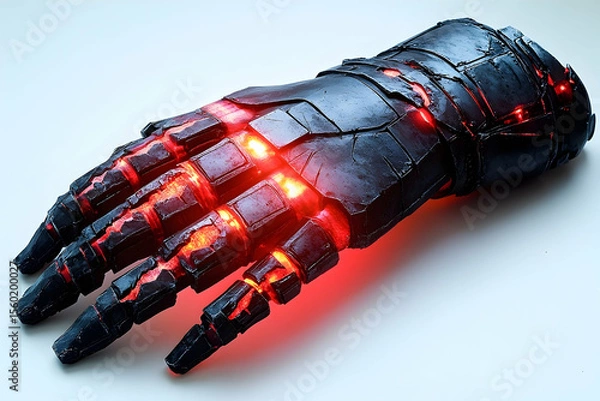 Fototapeta Black hand gauntlet with glowing red spaces on a white surface, in a still-life studio shot