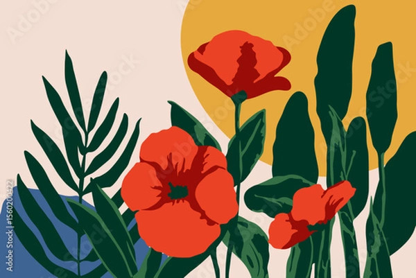 Fototapeta Floral art background with blooming poppy flowers and green leaves. Hand drawn botanical card with copy space
