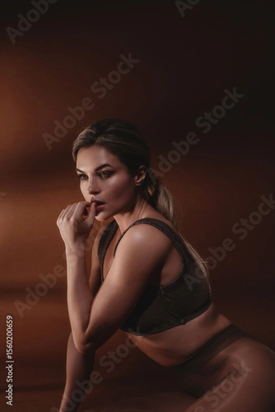 Obraz Confident woman in sheer tights and a dark top, posing gracefully in front of a brown background.