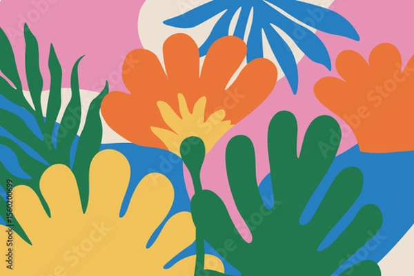Fototapeta Hand drawn botanical background. Flowers and organic shapes in naive childish style. Abstract groovy vector design