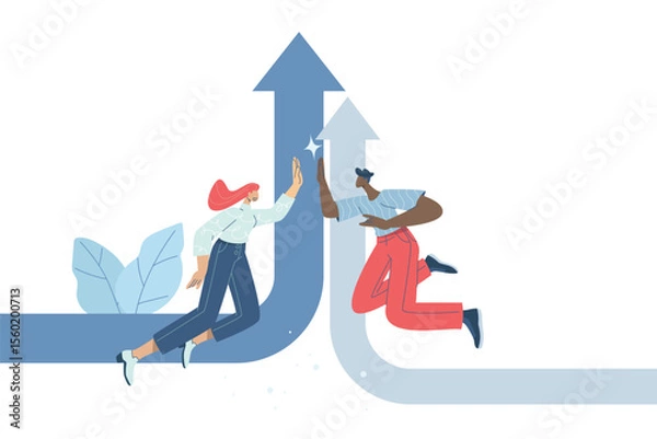 Fototapeta Businessman and woman jumping and high five, Growth strategy, Hand gesture with friends, Achieving goals, Project success, Converging paths to success. Flat vector design illustration.