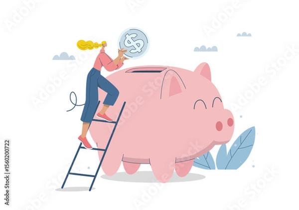 Fototapeta Young woman is putting coins into piggy bank, Saving and investment concept, Investing in future, Personal finance management and financial knowledge, Flat design vector illustration.