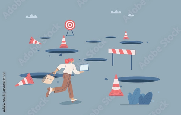 Fototapeta Ways to avoid traps, Businesswoman holding laptop running avoiding many obstacles, Business pitfalls, Business leader problem solving skills and ideas, Flat design vector illustration.