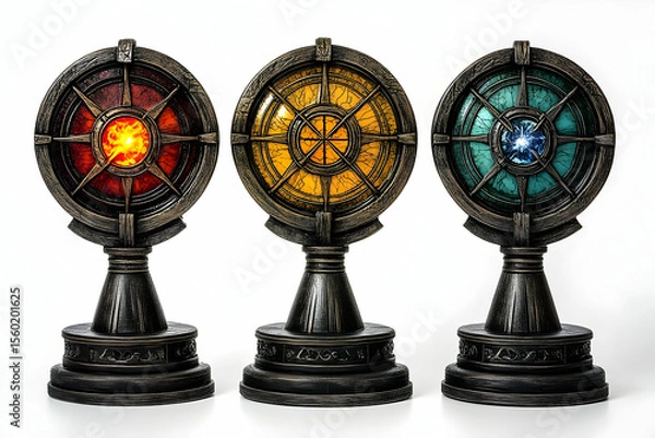 Fototapeta Three ornate, decorative objects on pedestals