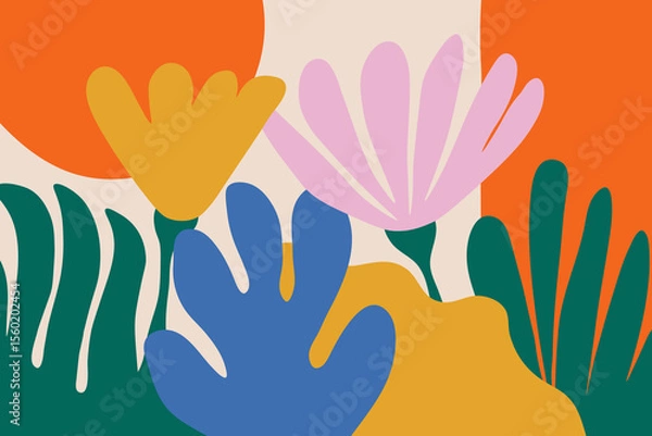 Fototapeta Abstract hand drawn flowers in bright colors. Floral doodle art vector design. Trendy banner template with copy space
