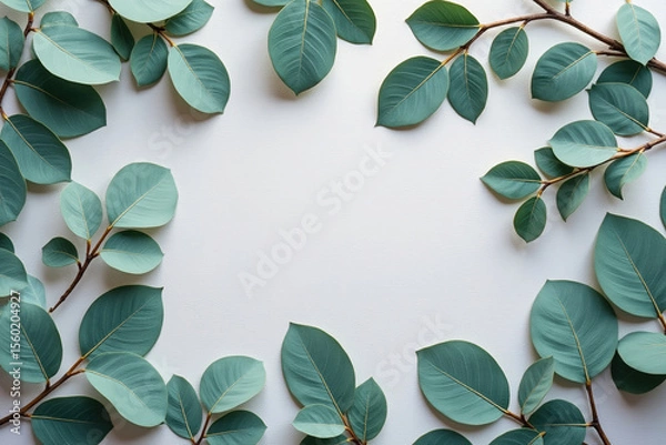 Fototapeta Botanical Frame Fresh Green Leaves and Branches Forming a Border on a Clean White Background
