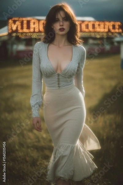 Obraz Female model in dress, golden hour. Strolling over grass, state fair and marquee in distance behind her.