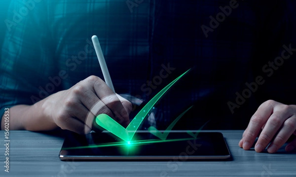 Obraz Business performance checklist, businessman using laptop doing online checklist survey, Check marks on checklist and Filling online form or answering questions. evaluation, online survey, online exam.