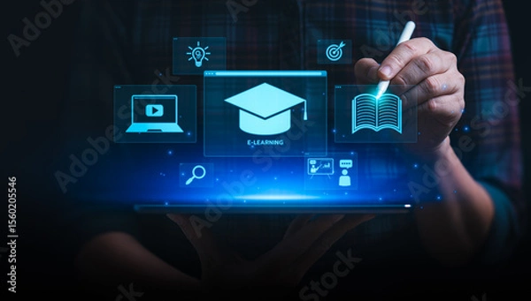 Obraz Person Using Tablet with E-Learning Icons Representing Online Education, Distance Learning, and Digital Tools for Student Success and Virtual Learning Platforms, Personal development concept