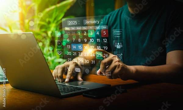Obraz Event planner timetable agenda plan on a digital interface for 2025, managing schedules, appointments, reminders efficiently with smart technology for seamless organization and time management