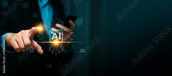Obraz Artificial intelligence technology in business innovation with a businessman interacting with a futuristic AI interface, symbolizing machine learning, automation, and digital transformation