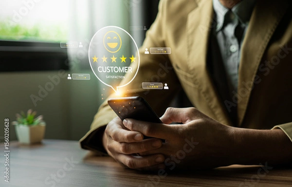 Obraz Businessman Using Smartphone to Review Customer Satisfaction Ratings with Digital Feedback Icons and Five-Star Review System for Online Service Quality and User Experience