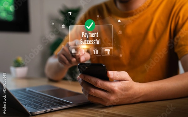 Obraz Businessman hand holding smartphone making successful online payment with mobile banking application, digital payment approval concept, secure financial transaction, fintech technology