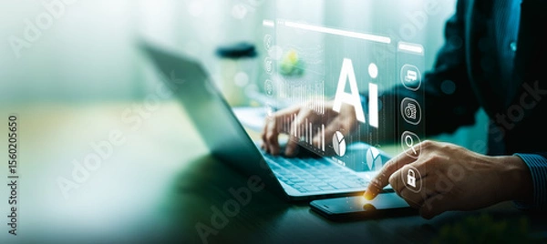 Obraz AI Integration in Business Technology by processing data, improving decision-making, developing innovative products, automating processes, and boosting competitiveness. future technology