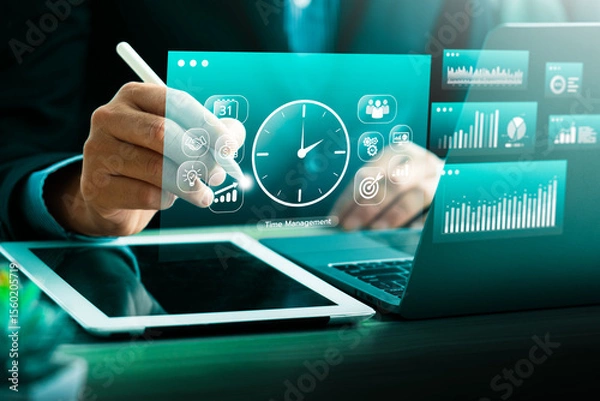Obraz Time management and productivity planning concept with businessman using digital scheduling tool. Smart technology for task organization, business efficiency, performance tracking, workflow control.