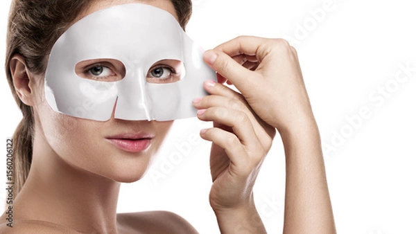 Obraz Woman Using Bio-Collagen Deep Hydration Sheet Mask for Skin Brightening and Firming