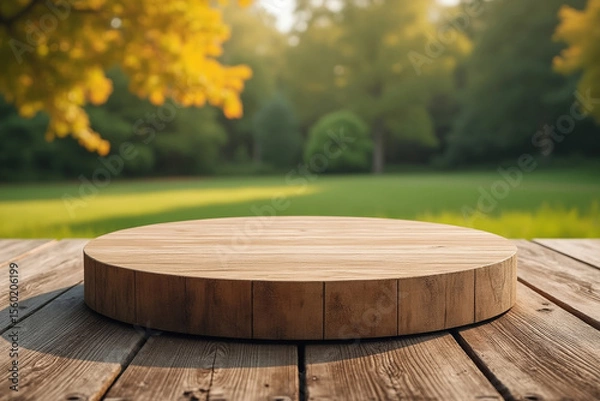 Fototapeta Wooden Display Platform on Rustic Table with Blurred Greenery Backdrop for Product Showcase and Presentation