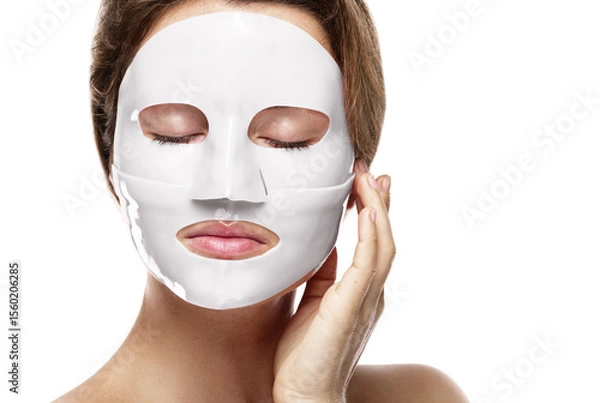Obraz Woman Using Bio-Collagen Deep Hydration Sheet Mask for Skin Brightening and Firming