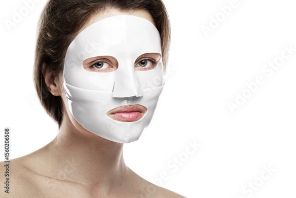 Obraz Woman Using Bio-Collagen Deep Hydration Sheet Mask for Skin Brightening and Firming