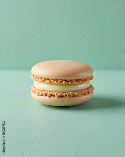Fototapeta Single Beige Macaron with Cream Filling on Mint Green Background for Bakery and Dessert Concepts