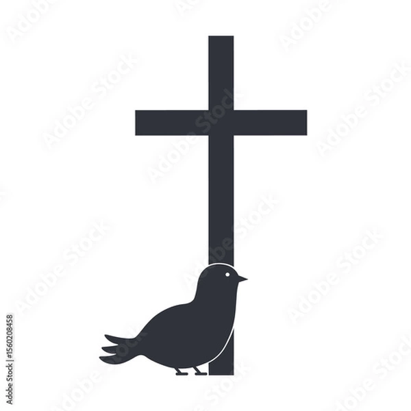 Obraz Silhouette cross and dove funeral icon. Christian vector logo, church symbol, burial ritual. Design element for Morning wishes, condolence, card, invitation, cremation, flyer. Hand drawn illustration