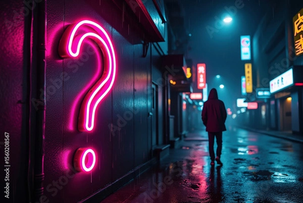 Fototapeta Neon Question Mark Illuminating a Wet City Street at Night Creating an Atmosphere of Mystery